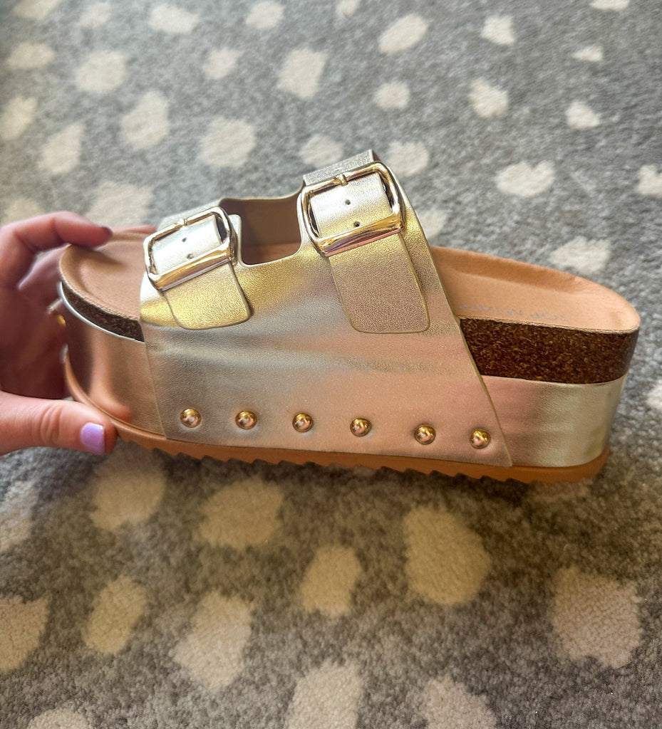 Metallic Platform Double Strap Buckle Sandals with Cork Sole-Gold - The Edit LLC