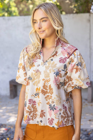 Smocked Shoulder Detail Floral Print Raglan Top