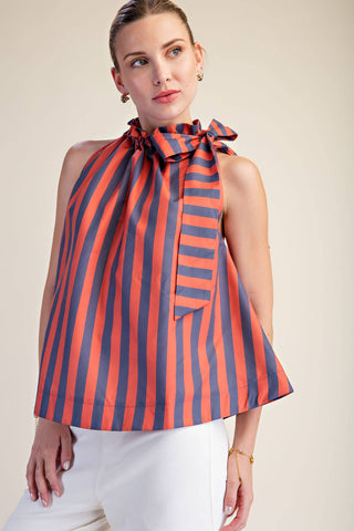 Navy/Orange Ruffle Neck Tie Sleeveless Stripe Top