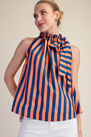 Navy/Orange Ruffle Neck Tie Sleeveless Stripe Top