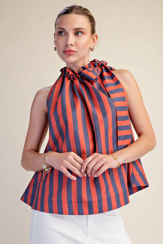 Navy/Orange Ruffle Neck Tie Sleeveless Stripe Top