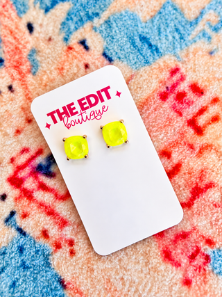 12mm Cushion Cut Square Glass Stud Earrings: Neon-Yellow - The Edit LLC