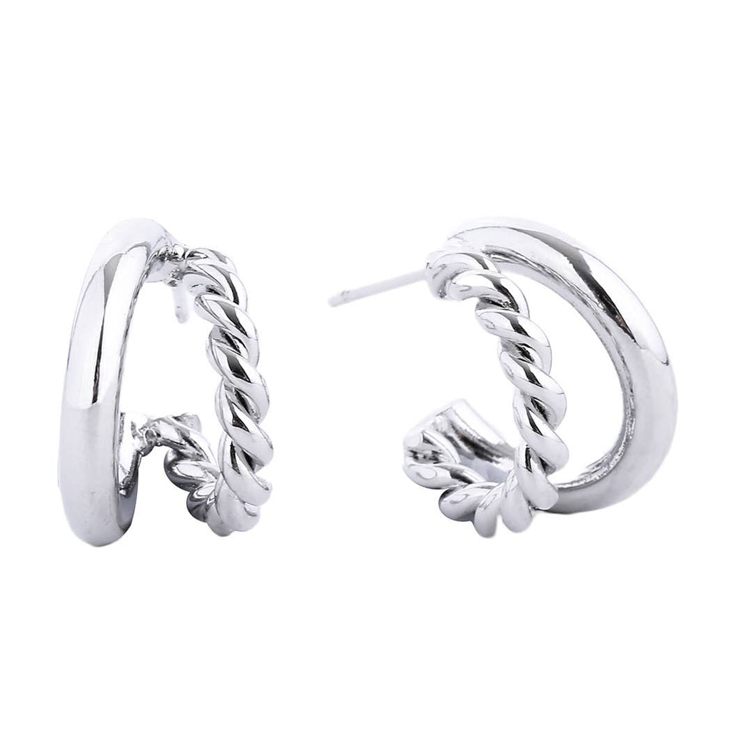 14K Gold - Dipped Twist&Solid Double Hoop Earring: WHITE GOLD / ONE SIZE - The Edit LLC