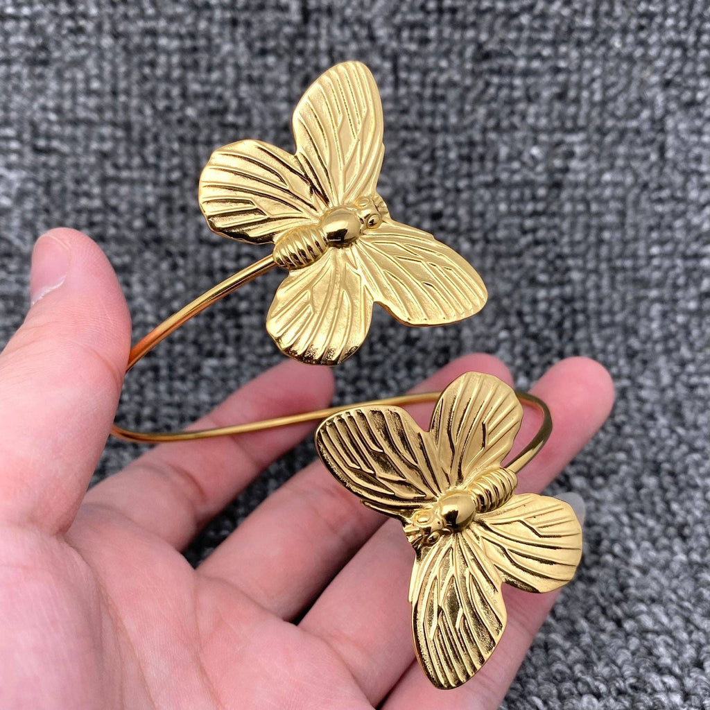 18K Gold Plated SS Double Butterfly Adjustable Cuff - FGS - The Edit LLC
