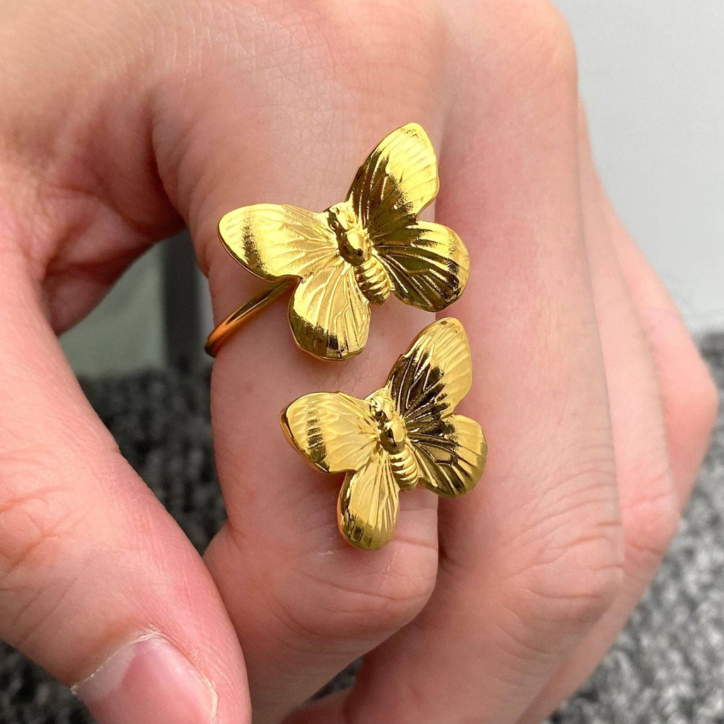 18K Gold Plated Steel Adjustable Double Butterfly Ring - FGS - The Edit LLC