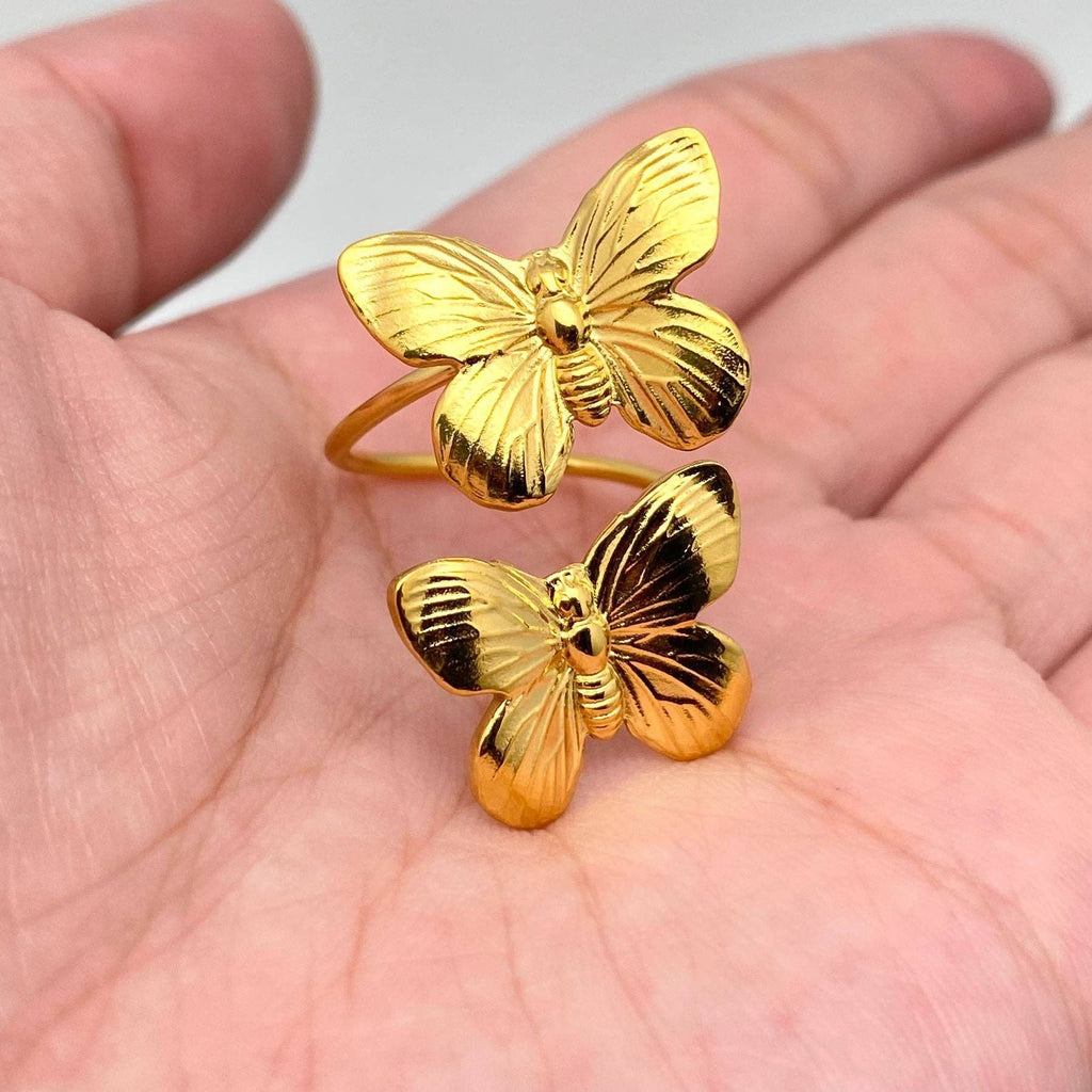 18K Gold Plated Steel Adjustable Double Butterfly Ring - FGS - The Edit LLC