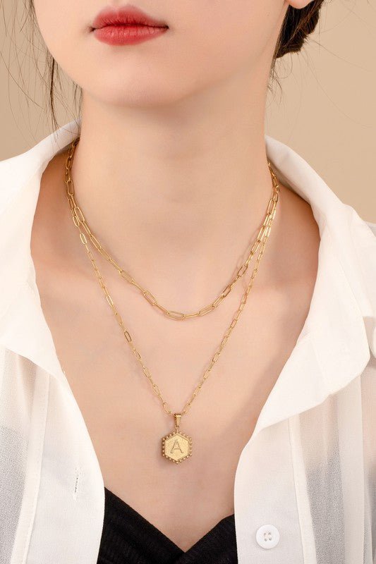 2 row brass double sided hexagon initial necklace - The Edit LLC