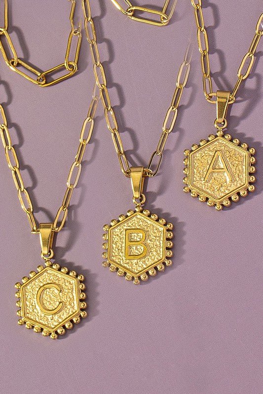 2 row brass double sided hexagon initial necklace - The Edit LLC