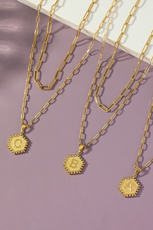 2 row brass double sided hexagon initial necklace - The Edit LLC