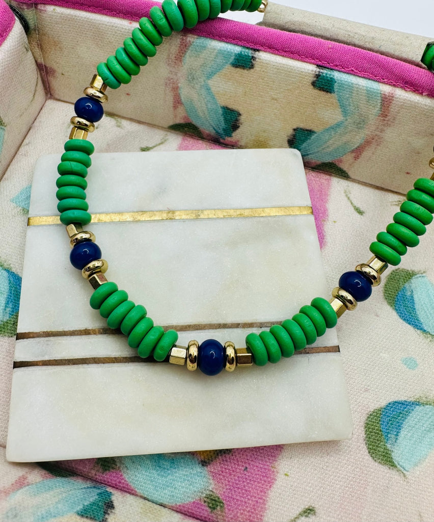 2 Tone Disc Beaded Bohemian Adjustable Collar Necklace: Green - The Edit LLC