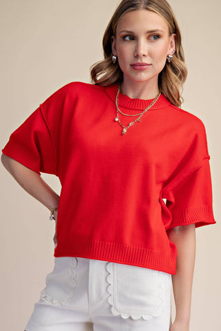 Red Everyday Sweater Elbow-Length Sleeves Seam Detail