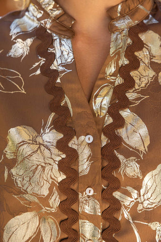 Wavy Trim Button Down Floral Metallic Top