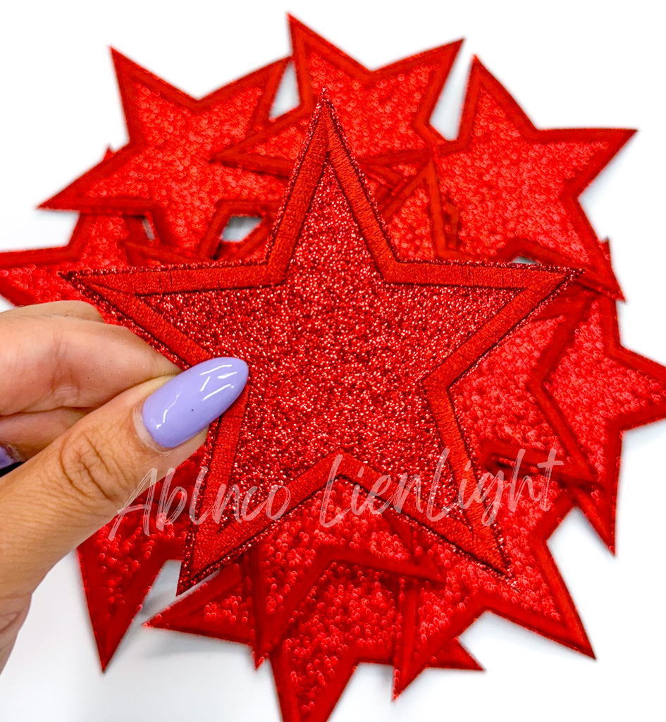 3” Red glitter star embroidery patch iron on  - The Edit LLC