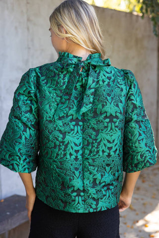 3/4th Bubble Sleeve Tie Back Floral Jacqaurd Top
