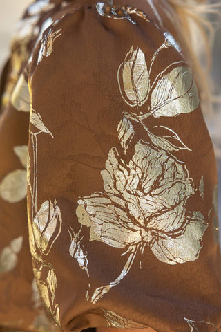 Wavy Trim Button Down Floral Metallic Top