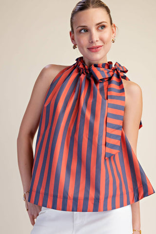 Navy/Orange Ruffle Neck Tie Sleeveless Stripe Top