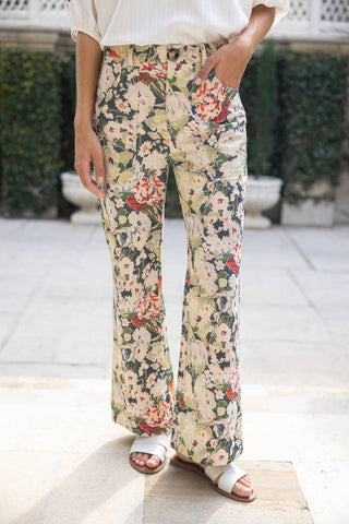 36862 Front and Back Pocket Floral Print Pants: Olive / S - The Edit LLC