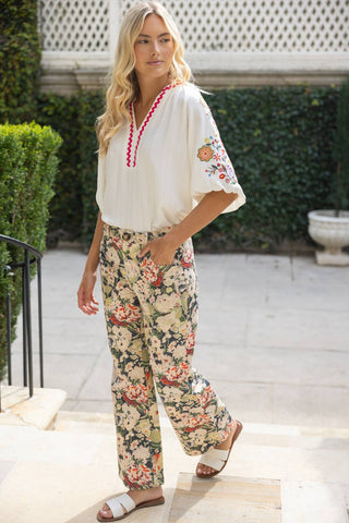 36862 Front and Back Pocket Floral Print Pants: Olive / S - The Edit LLC