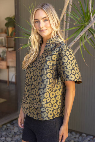 Olive Short Sleeve Ruffle Neck Gold Floral Jacquard Top