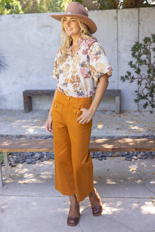 Smocked Shoulder Detail Floral Print Raglan Top