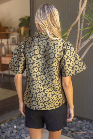 Olive Short Sleeve Ruffle Neck Gold Floral Jacquard Top