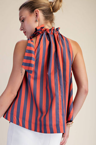 Navy/Orange Ruffle Neck Tie Sleeveless Stripe Top
