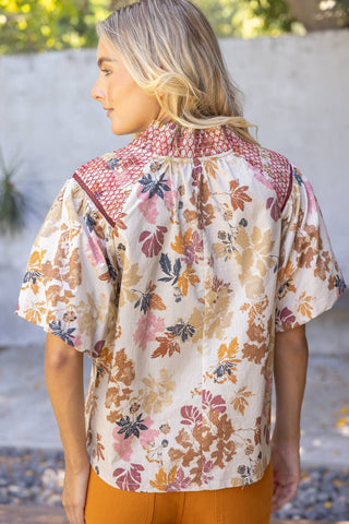 Smocked Shoulder Detail Floral Print Raglan Top