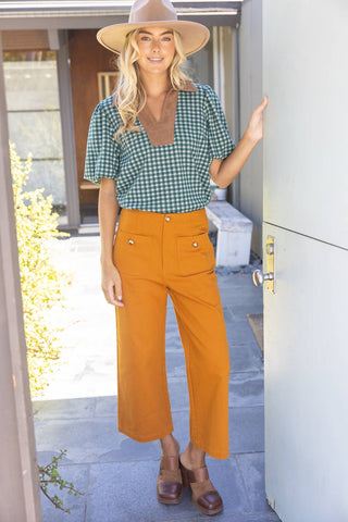 Contrast Collared V-Neck Plaid Knit Top