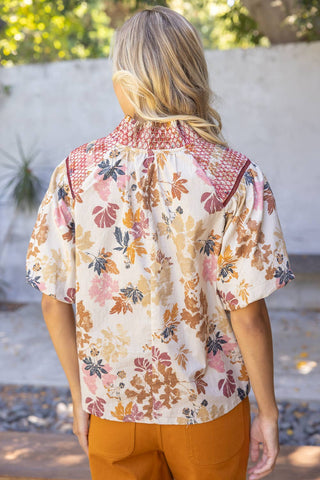 Smocked Shoulder Detail Floral Print Raglan Top