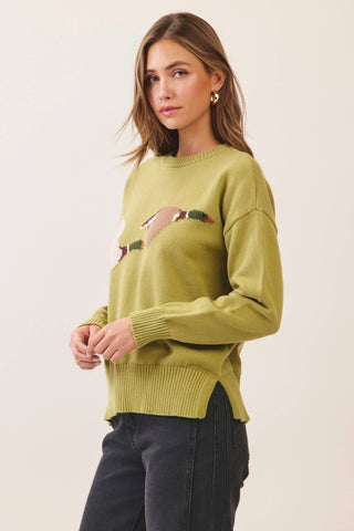 Green Flying Duck Intarsia Crew Neck Sweater