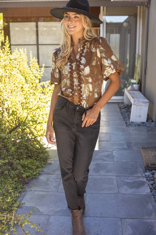 Wavy Trim Button Down Floral Metallic Top