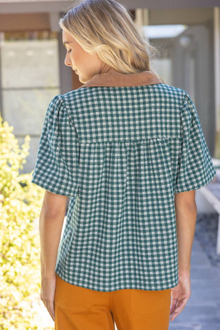 Contrast Collared V-Neck Plaid Knit Top