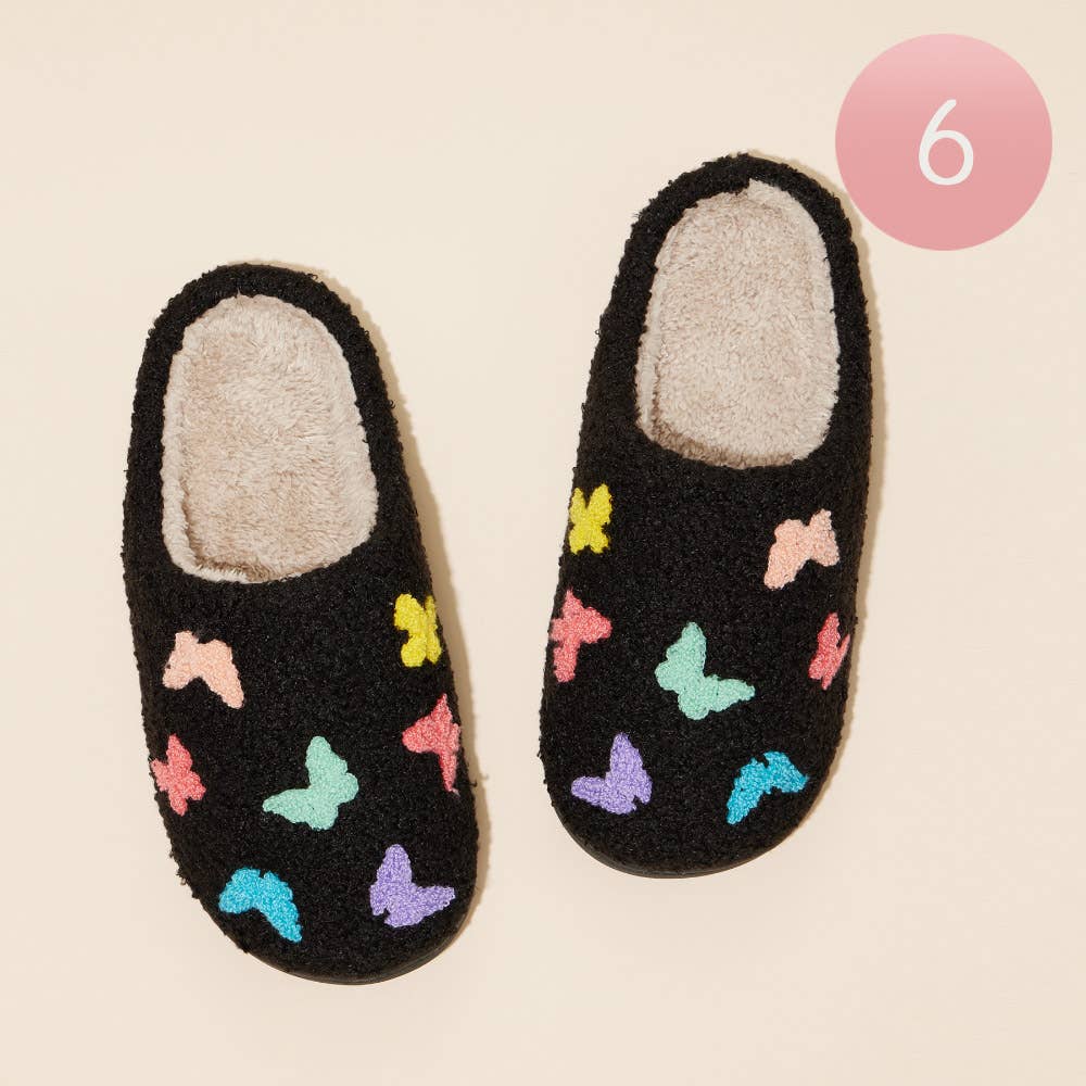 6Pairs - Multi Colored Butterflies Pattern Home Slippers: PKMS4 - 98010 - BK - MT - The Edit LLC