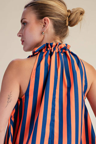 Navy/Orange Ruffle Neck Tie Sleeveless Stripe Top