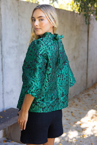 3/4th Bubble Sleeve Tie Back Floral Jacqaurd Top