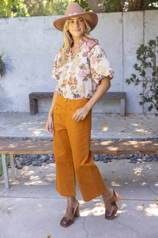 Smocked Shoulder Detail Floral Print Raglan Top