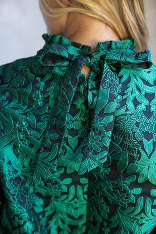 3/4th Bubble Sleeve Tie Back Floral Jacqaurd Top