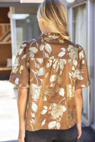 Wavy Trim Button Down Floral Metallic Top