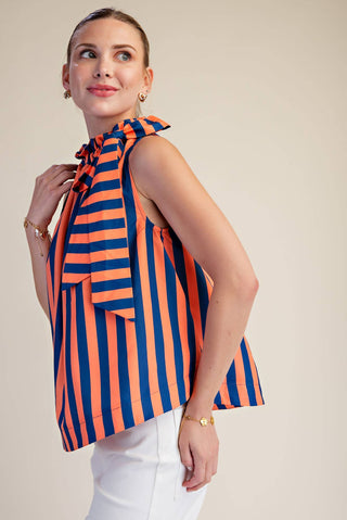 Navy/Orange Ruffle Neck Tie Sleeveless Stripe Top