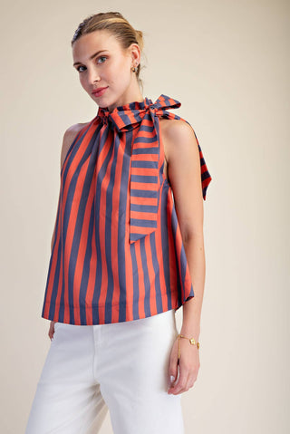 Navy/Orange Ruffle Neck Tie Sleeveless Stripe Top