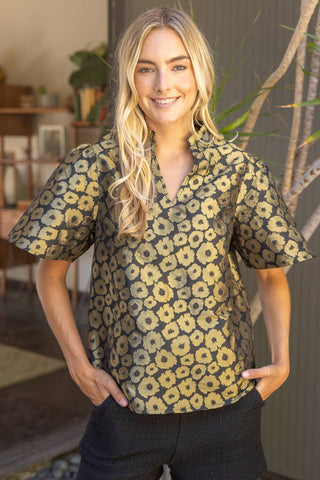 Olive Short Sleeve Ruffle Neck Gold Floral Jacquard Top