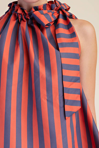 Navy/Orange Ruffle Neck Tie Sleeveless Stripe Top