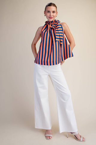 Navy/Orange Ruffle Neck Tie Sleeveless Stripe Top