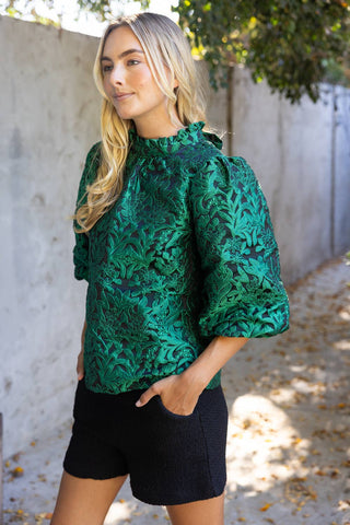 3/4th Bubble Sleeve Tie Back Floral Jacqaurd Top