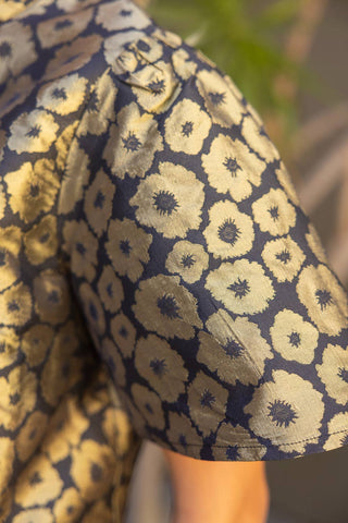 Olive Short Sleeve Ruffle Neck Gold Floral Jacquard Top