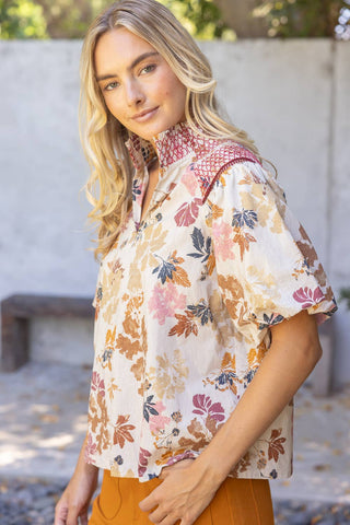 Smocked Shoulder Detail Floral Print Raglan Top