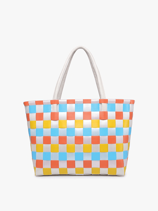 Abigail Basketweave Tote Bag – Vegan Leather Straps | M2334 : Multi-Blue - The Edit LLC