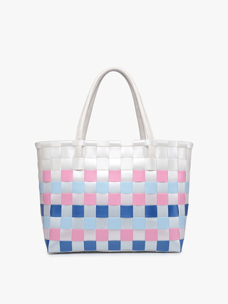 Abigail Basketweave Tote Bag – Vegan Leather Straps | M2334 : Multi-Blue - The Edit LLC