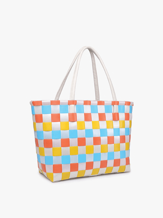 Abigail Basketweave Tote Bag – Vegan Leather Straps | M2334 : Multi-Blue - The Edit LLC