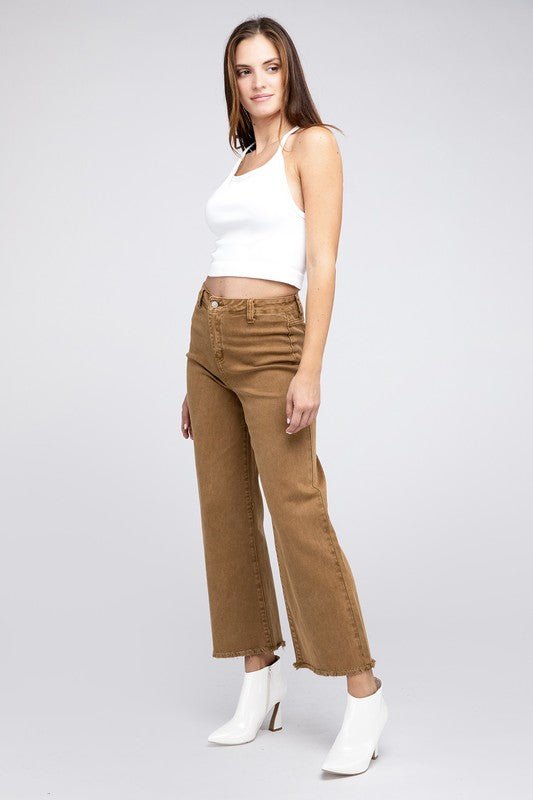 Acid Wash Frayed Cutoff Hem Straight Wide Pants - The Edit LLC